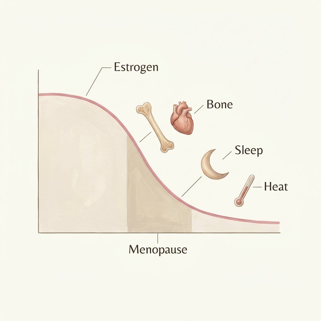 폐경 전후 에스트로겐이 감소하며 여러 영역에 영향을 주는 흐름을 나타낸 자료화면