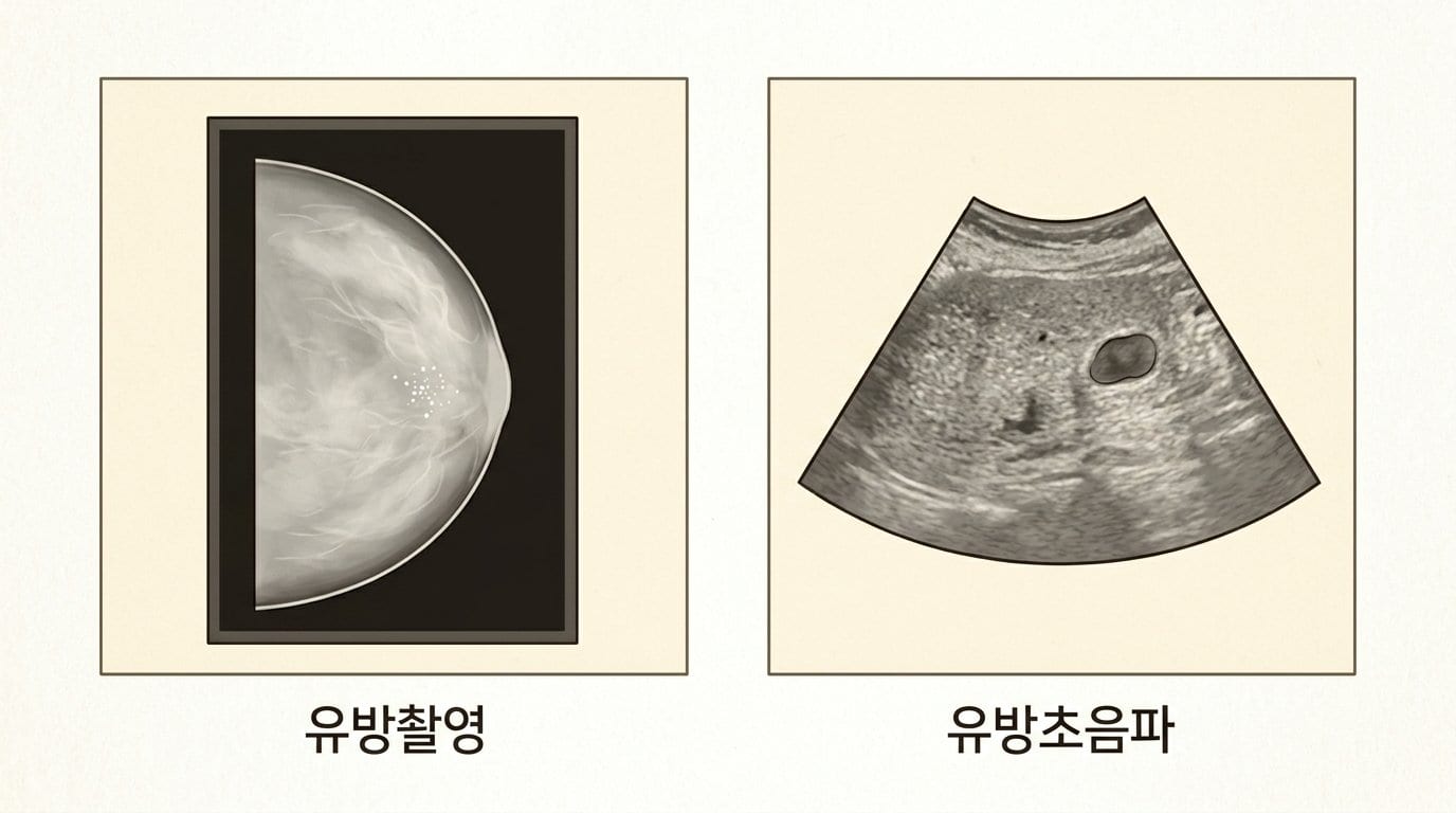유방촬영이 보는 조직 전체와 미세석회화, 유방초음파가 보는 치밀 조직 속 덩어리를 나란히 비교한 자료화면