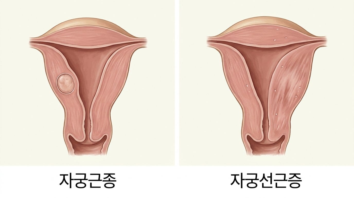 자궁 단면에서 경계가 뚜렷한 혹으로 보이는 자궁근종과, 자궁 벽이 고르지 않게 두꺼워진 자궁선근증을 나란히 비교한 자료화면